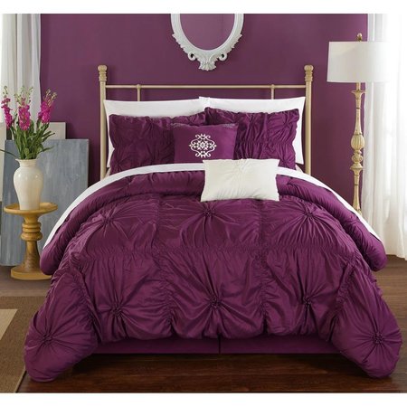 FIXTURESFIRST Anda Floral Pinch Pleat Ruffled Designer Embellished Comforter Set - Purple - King - 6 Piece FI1704010